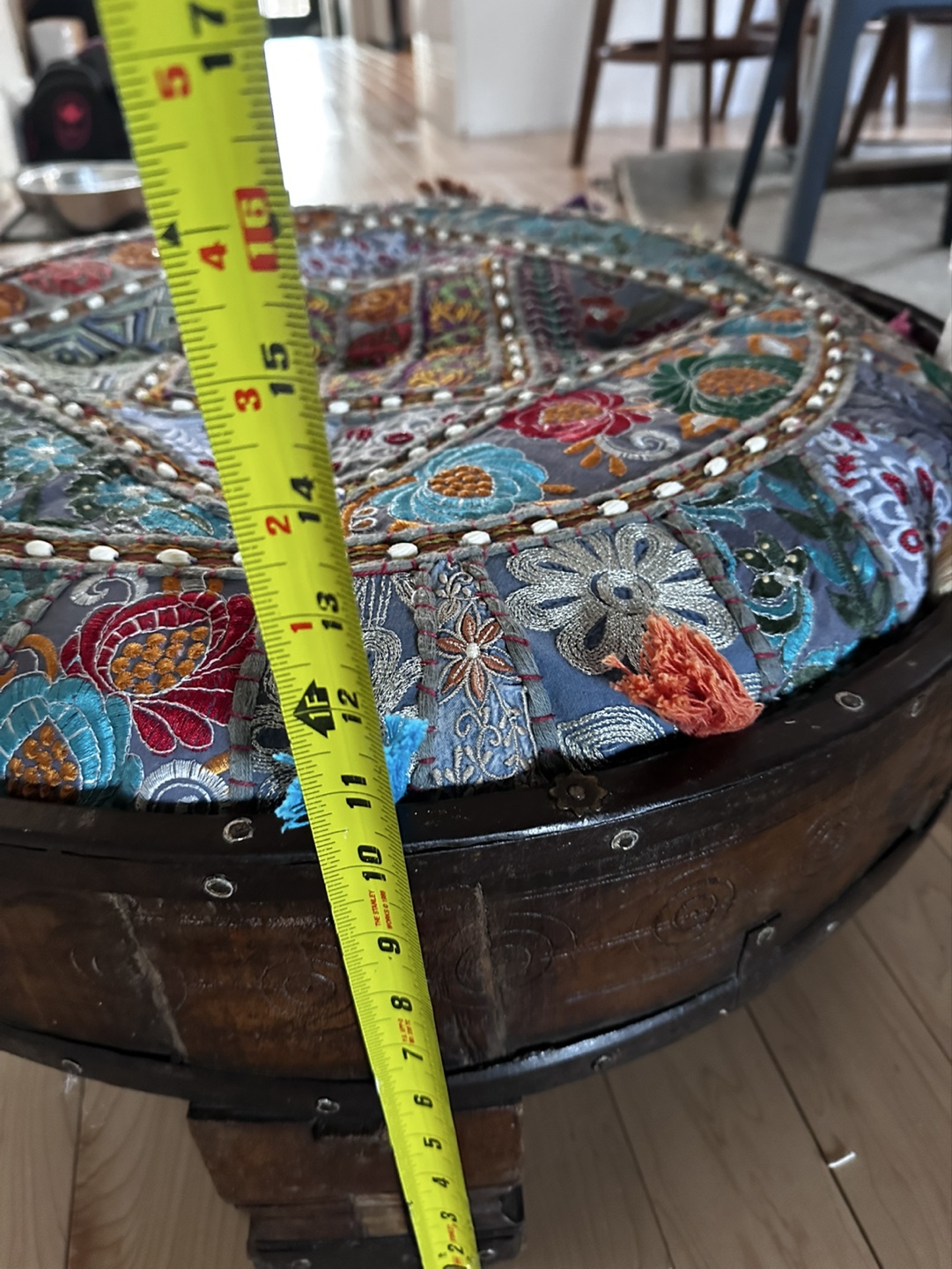 Unique Round Wooden Ottoman with Patchwork Cushion - photo 4