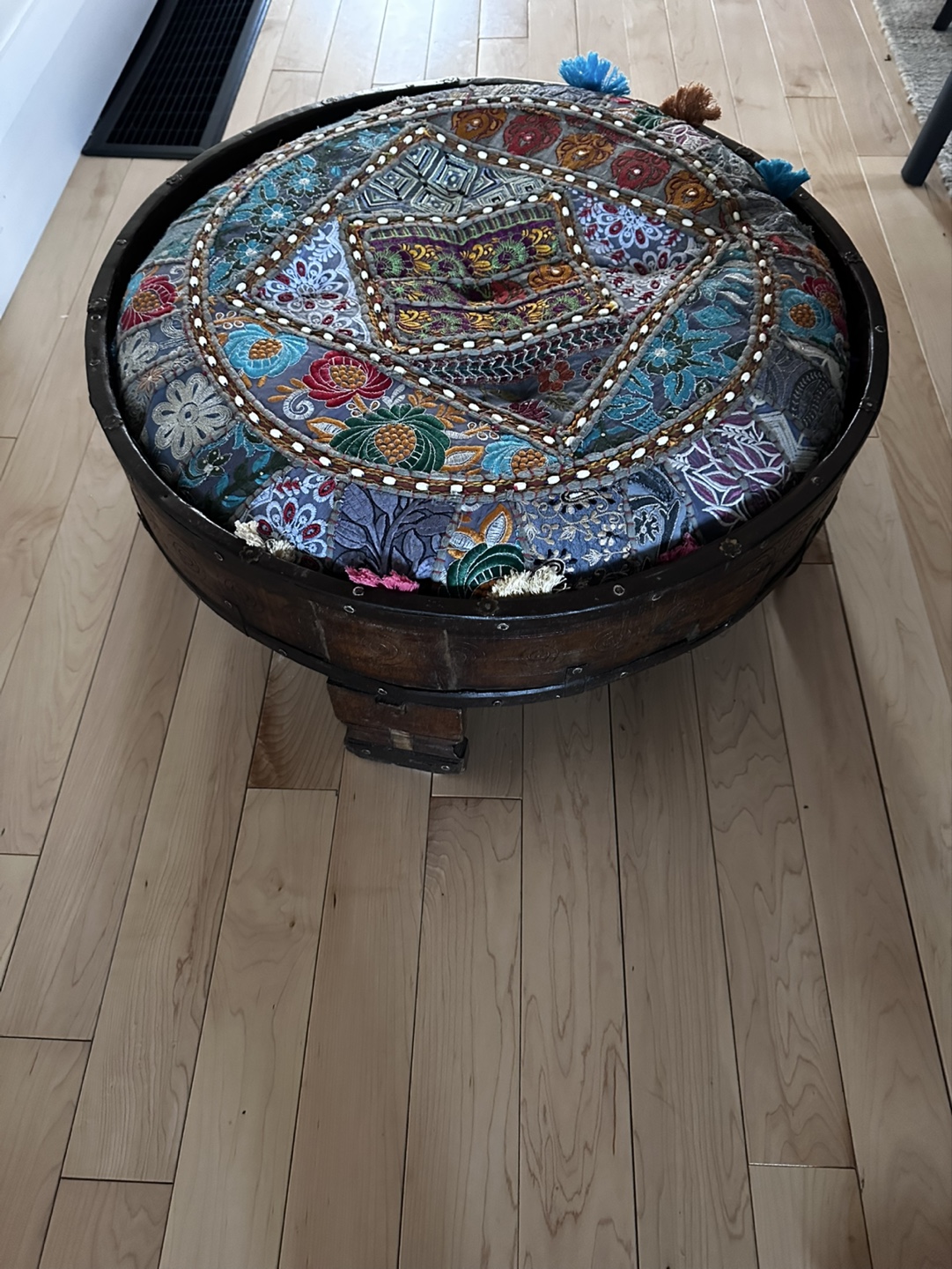 Unique Round Wooden Ottoman with Patchwork Cushion