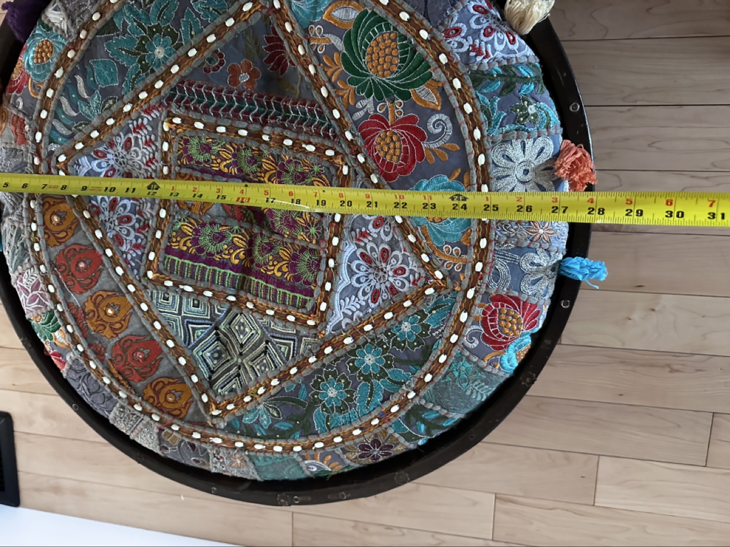 Unique Round Wooden Ottoman with Patchwork Cushion - photo 3