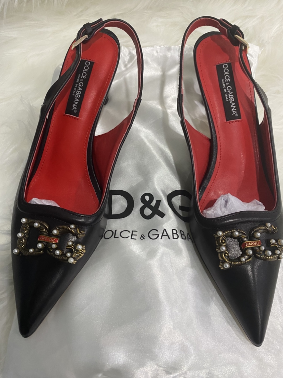 Dolce & Gabbana Black Leather Slingback Heels, Size 41