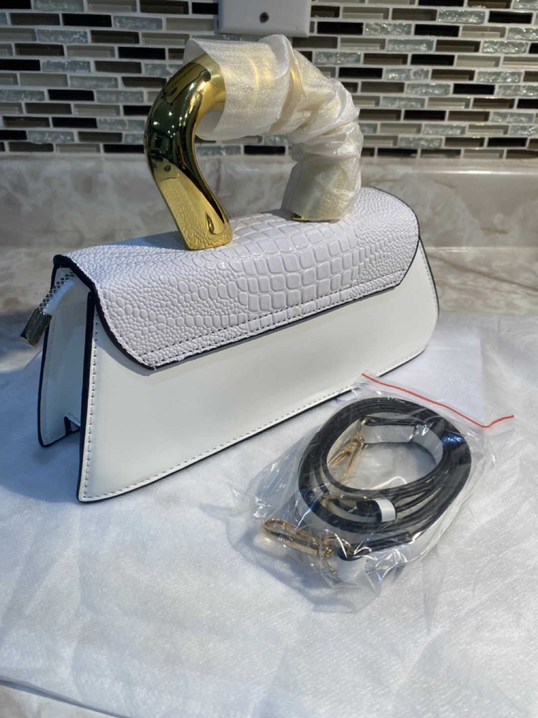 White Crocodile-Embossed Handbag with Gold Handle