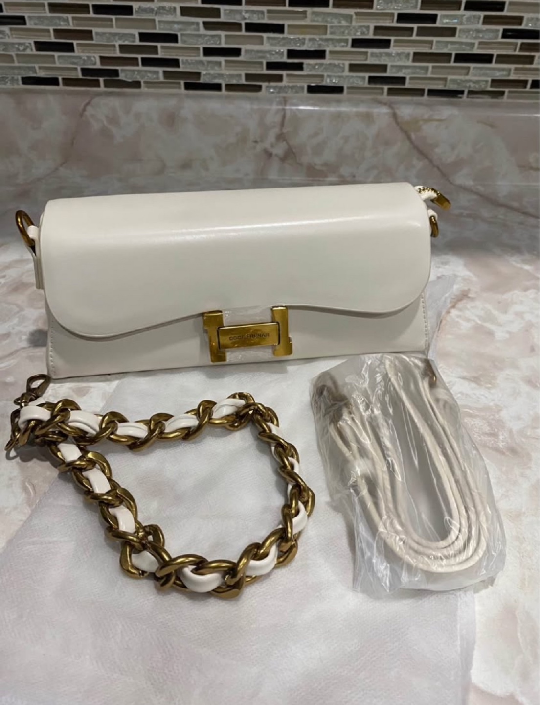 White Crocodile-Embossed Handbag with Gold Handle - photo 2