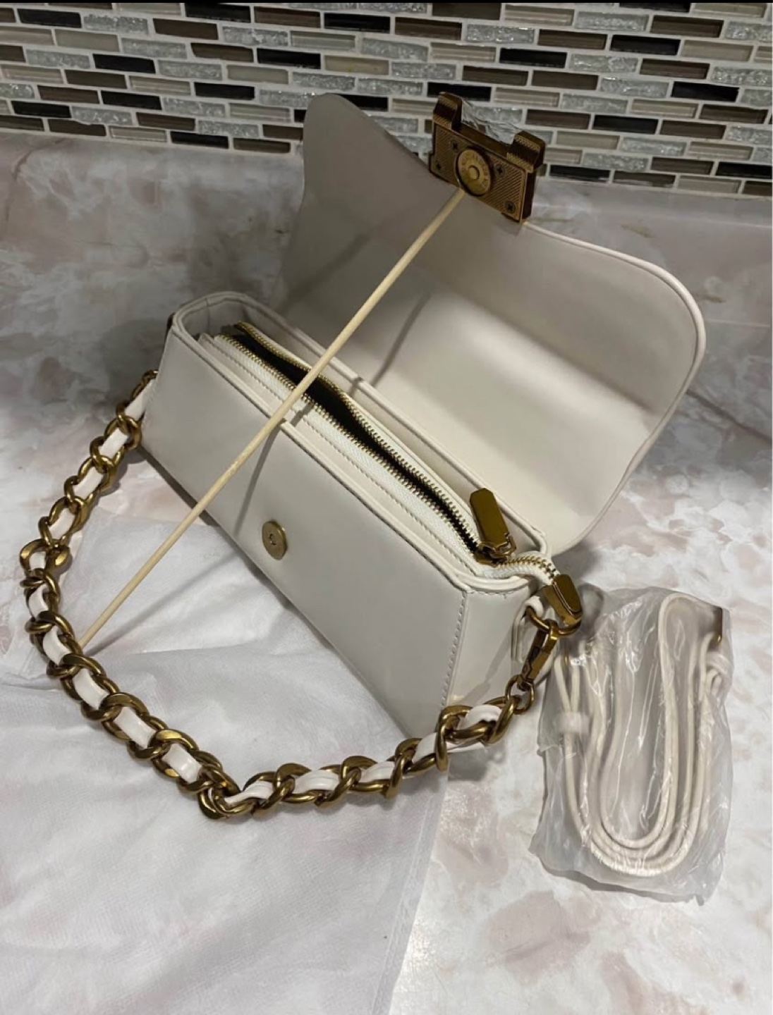 White Crocodile-Embossed Handbag with Gold Handle - photo 3