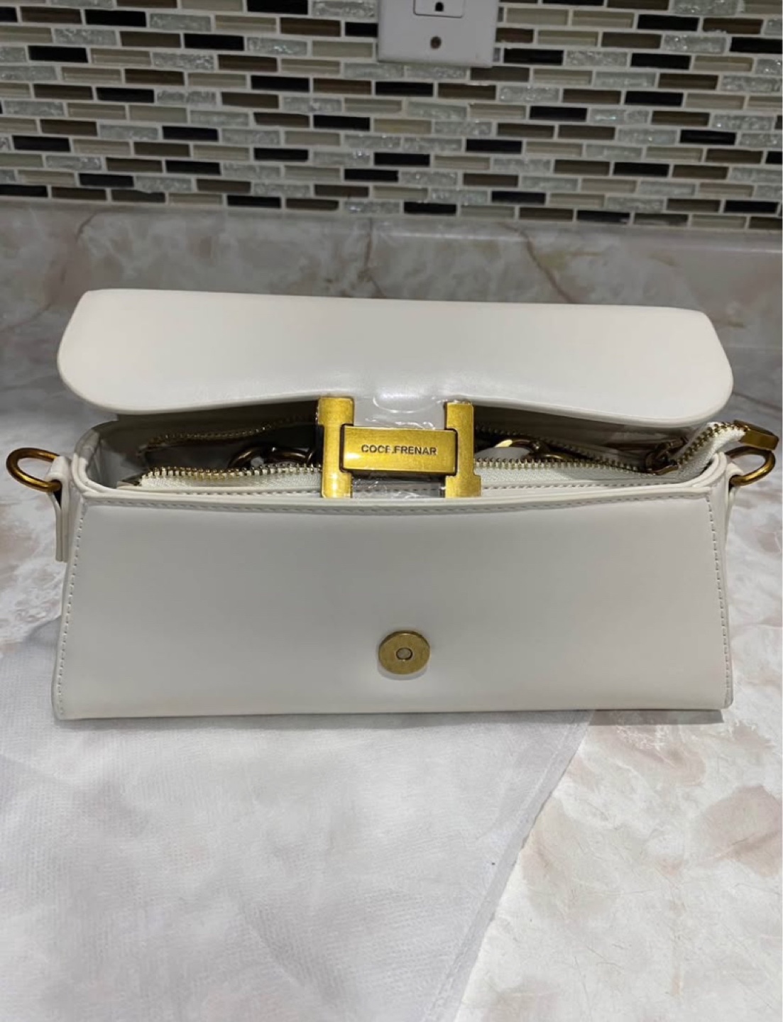 White Crocodile-Embossed Handbag with Gold Handle - photo 4