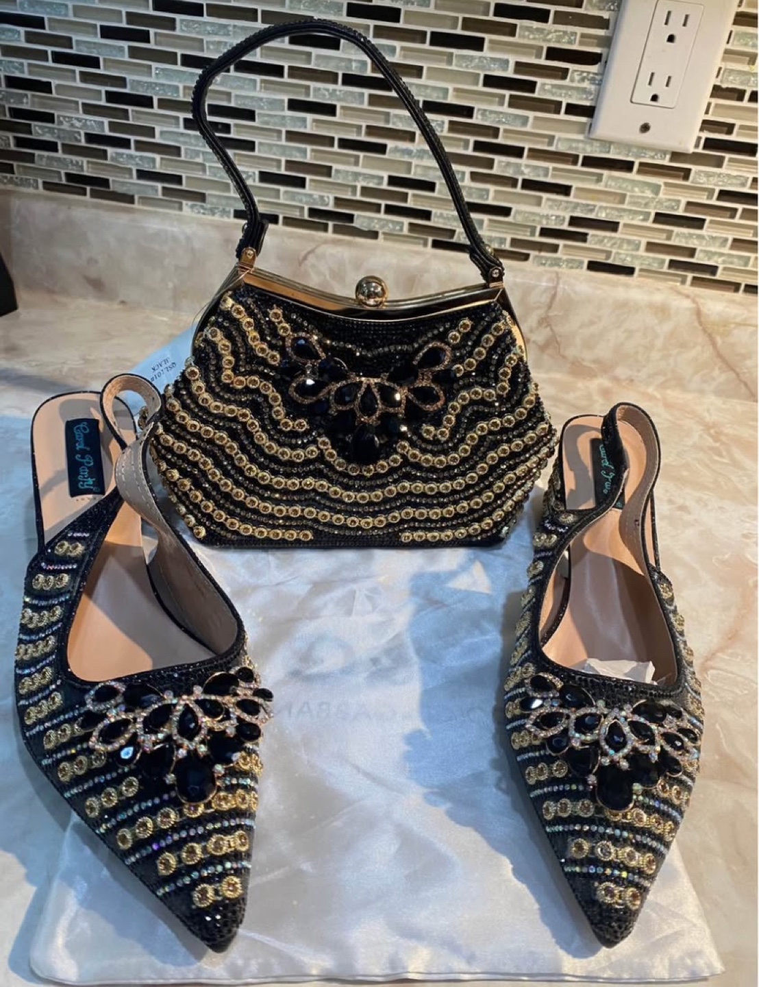 Elegant Black and Gold Beaded Evening Bag and Shoes Set