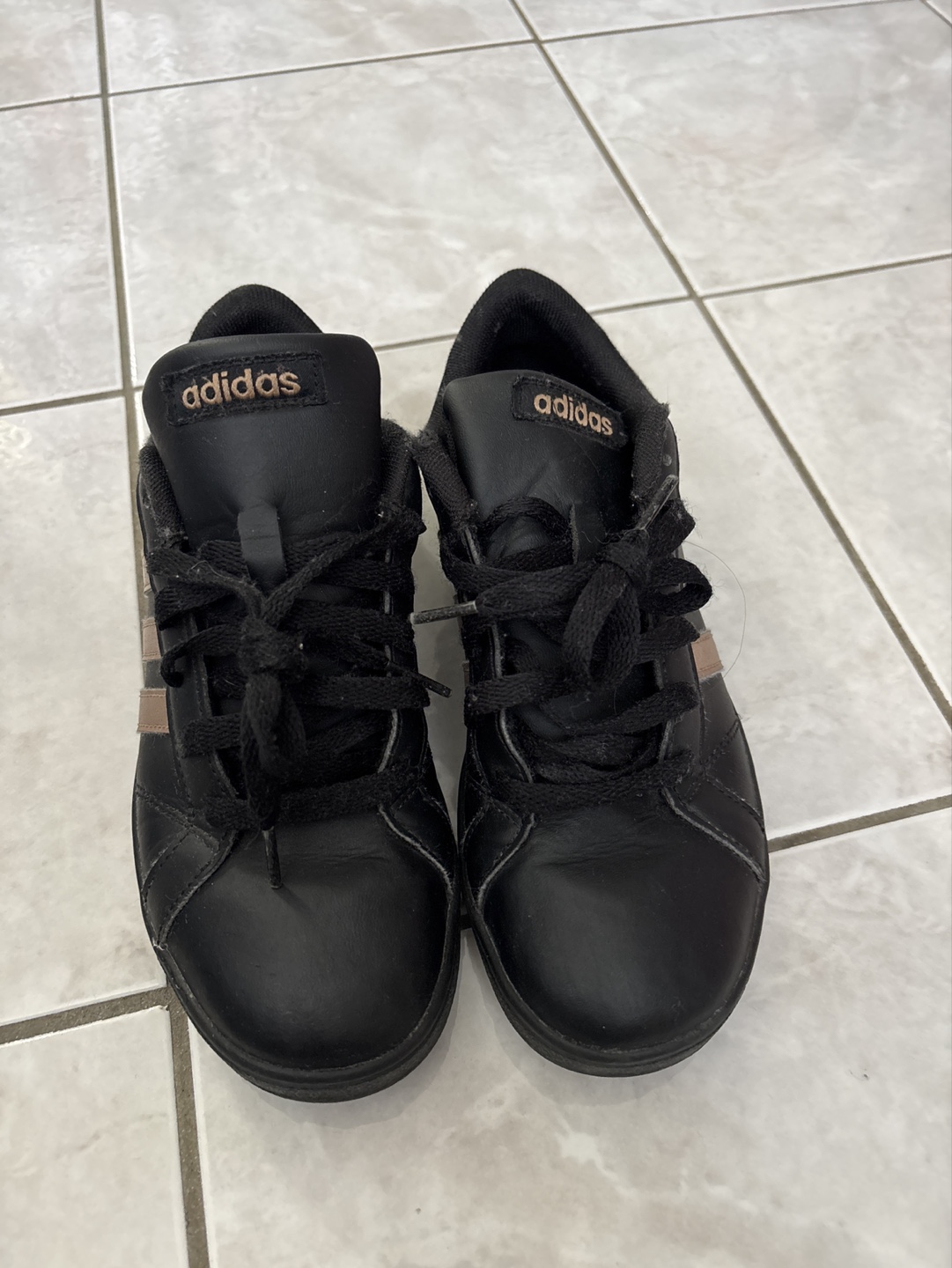 Adidas Girls' Black and Rose Gold Sneakers - Size 4