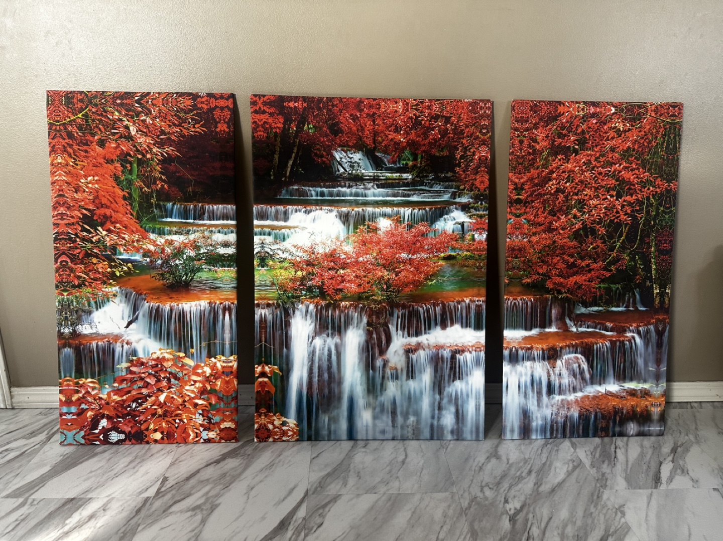 Autumn Waterfall Triptych Canvas Wall Art
