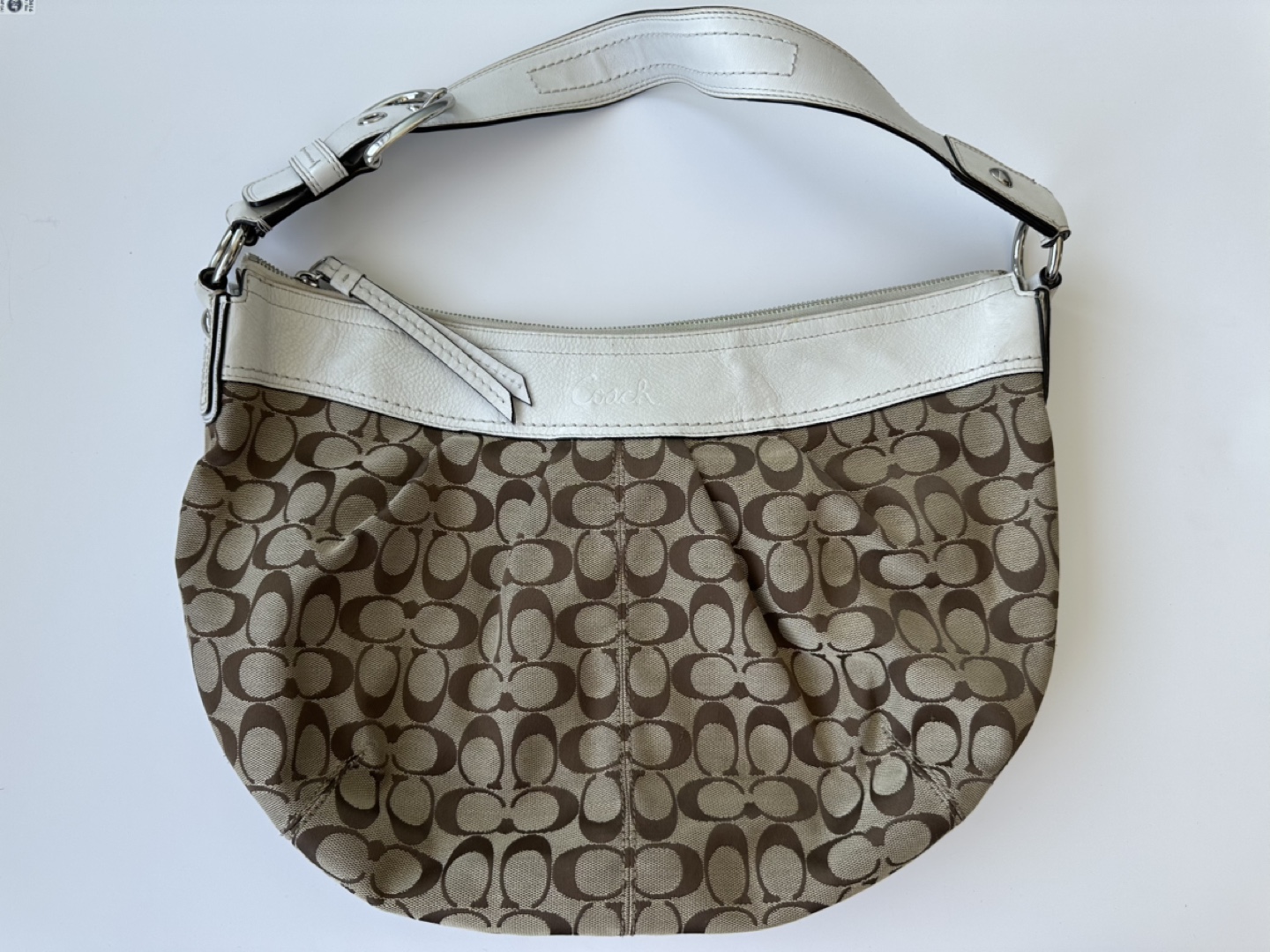 Coach Signature C Brown and White Leather Shoulder Bag