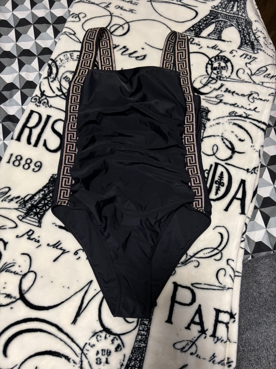 Black One-Piece Swimsuit with Greek Key Detail