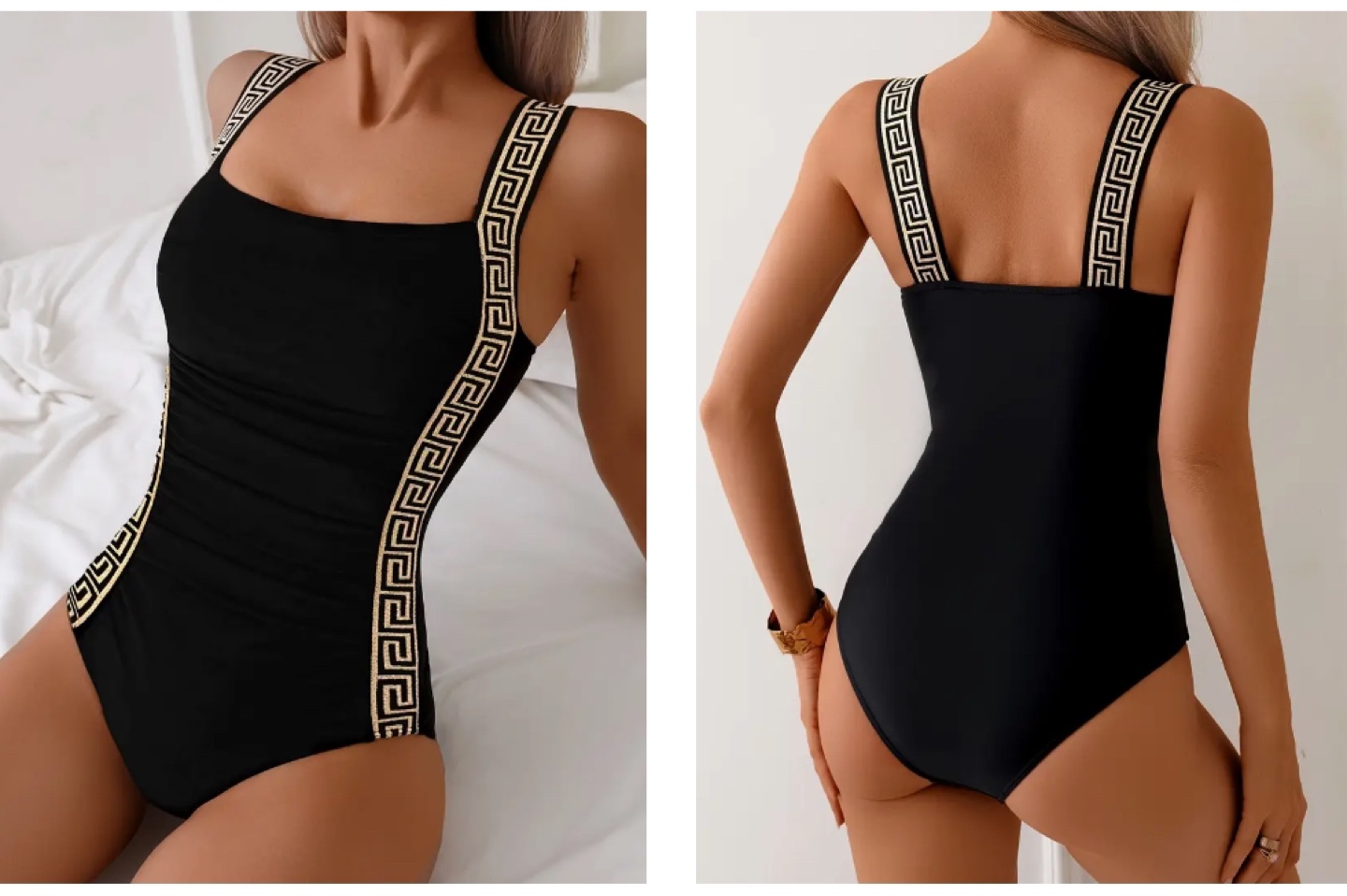 Black One-Piece Swimsuit with Greek Key Detail - photo 3