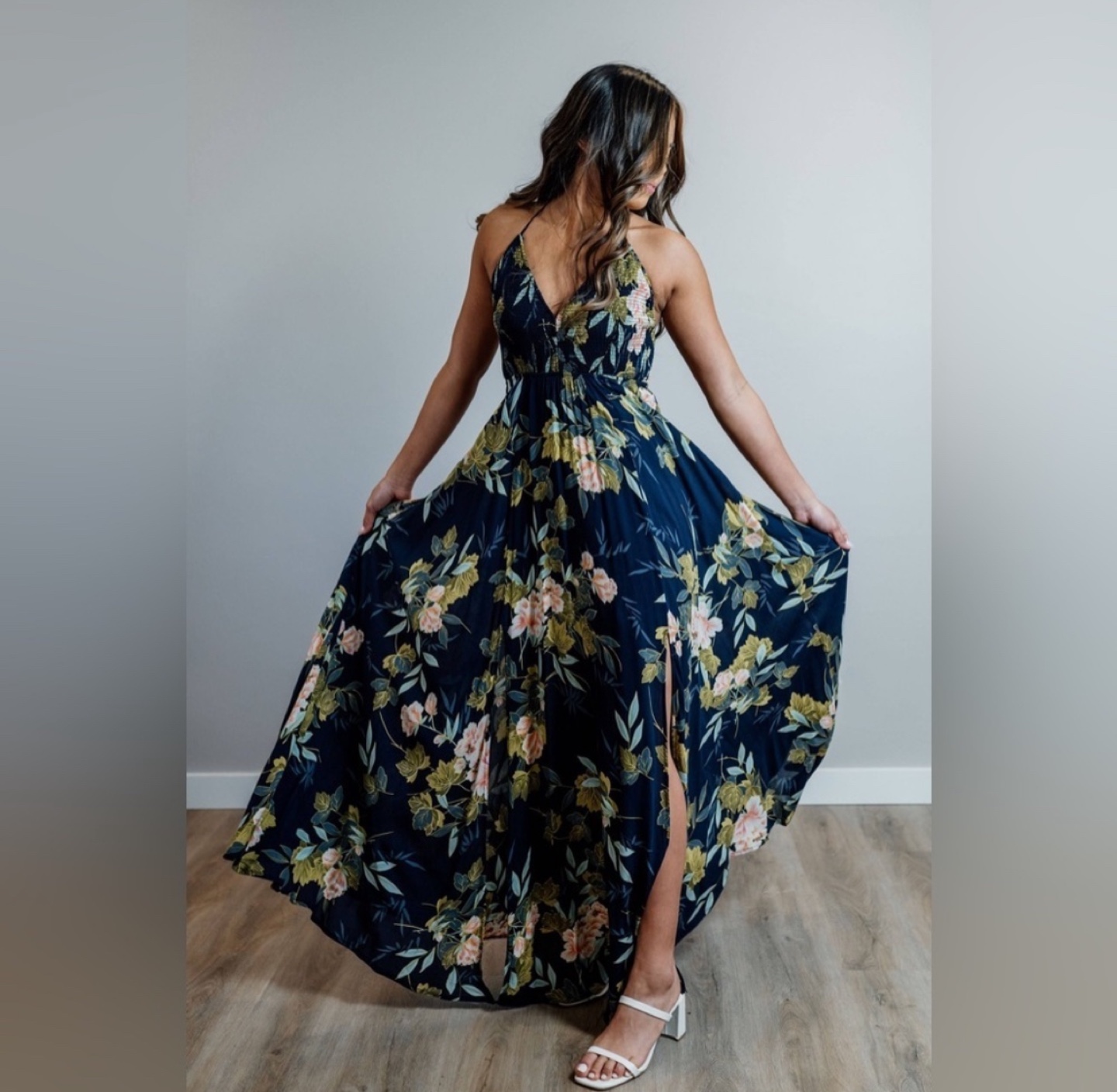 SMOCKED HALTER TIE BACK MAXI DRESS