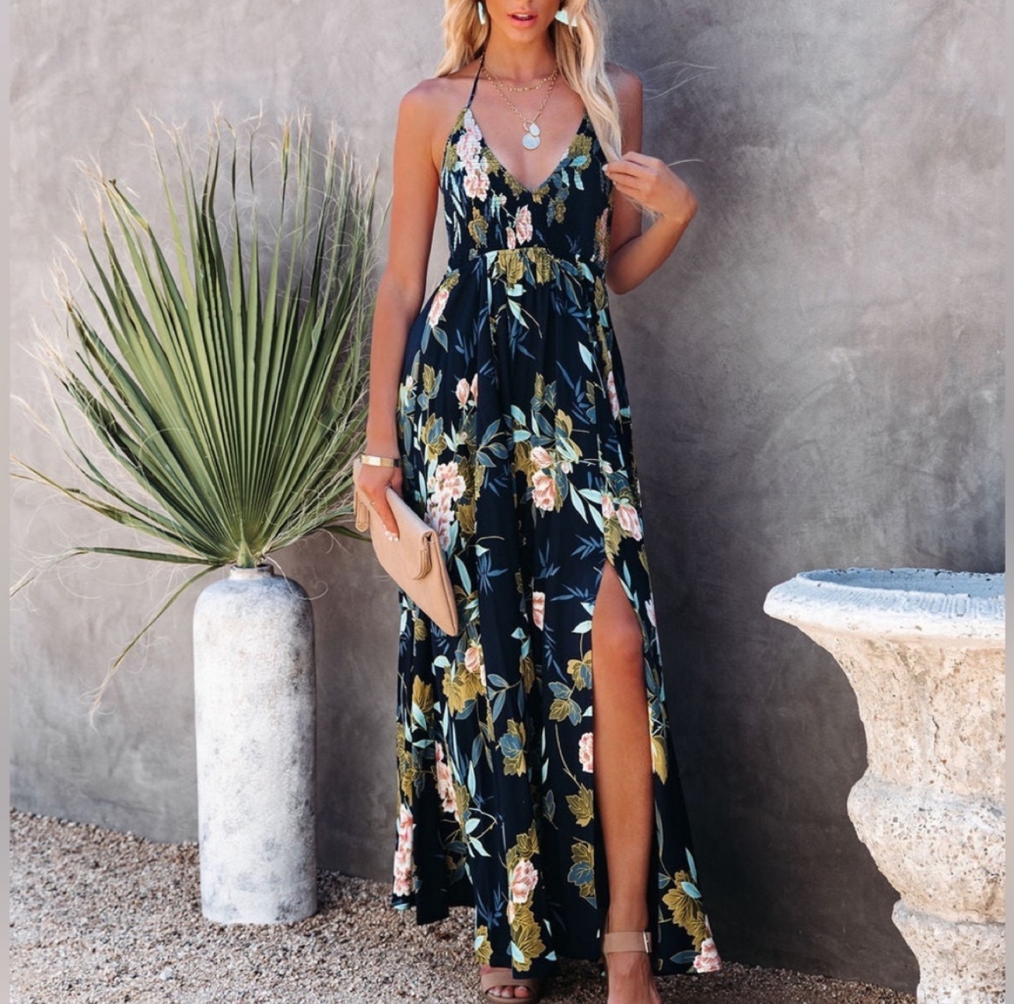 SMOCKED HALTER TIE BACK MAXI DRESS - photo 2