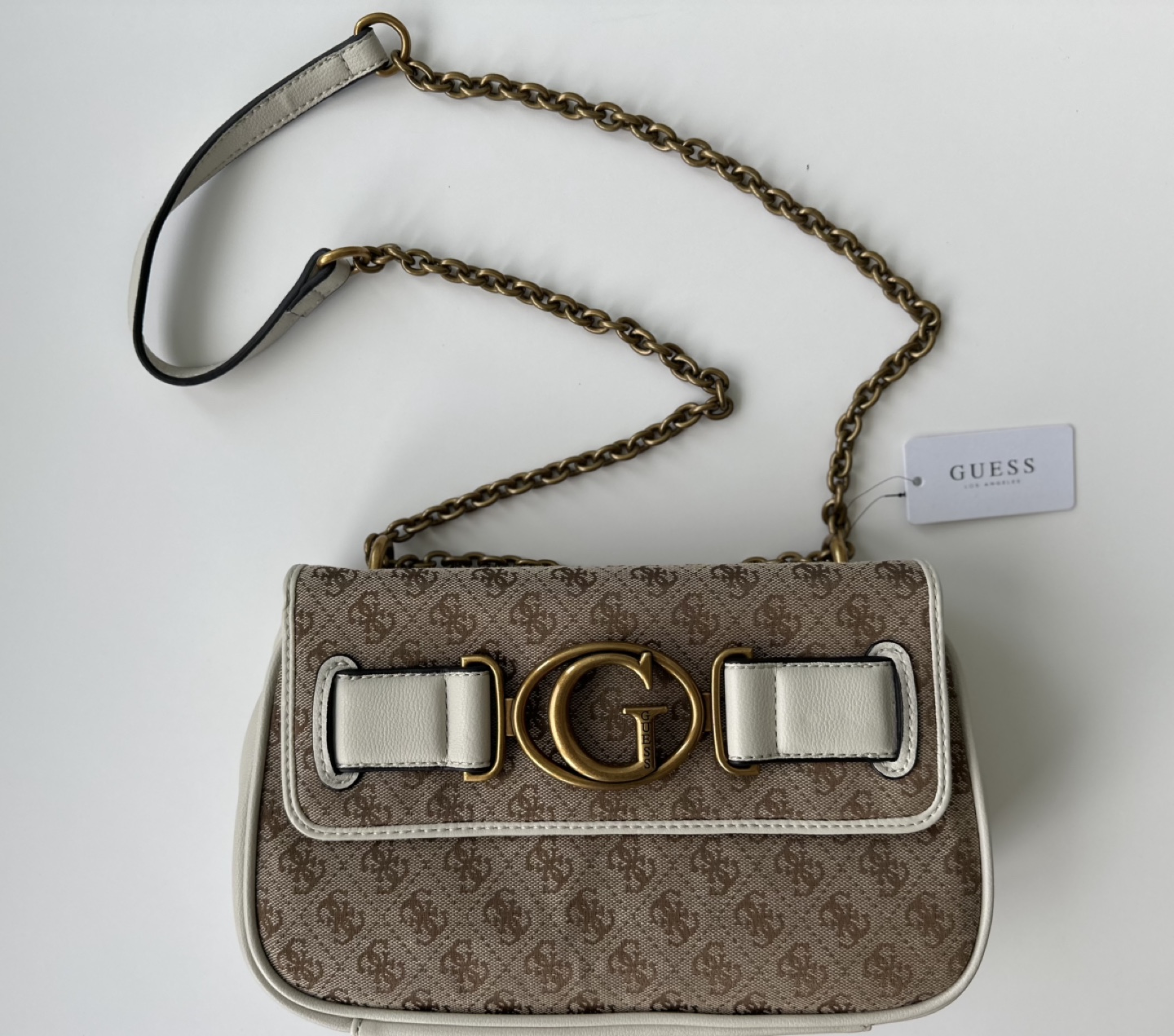 Guess Beige and White Chain Shoulder Bag