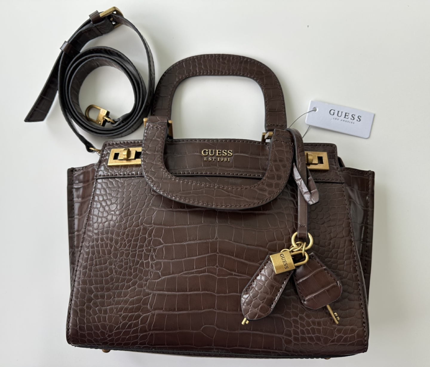 GUESS Satchel Handbag Brown Crocodile Embossed Leather