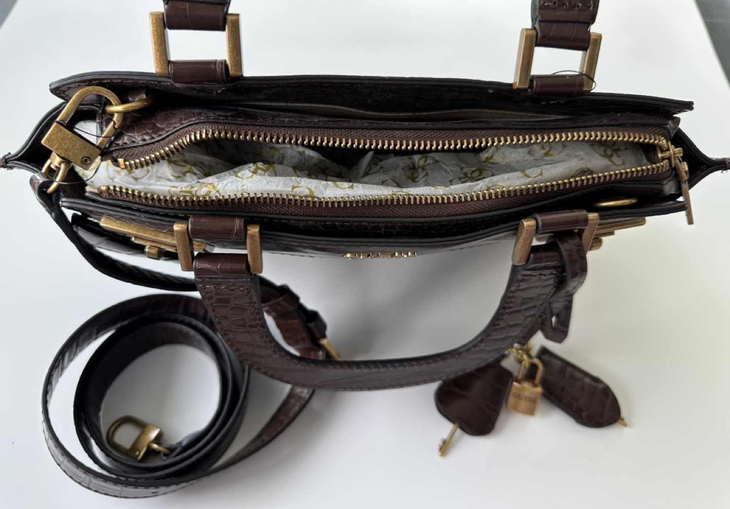 GUESS Satchel Handbag Brown Crocodile Embossed Leather - photo 3