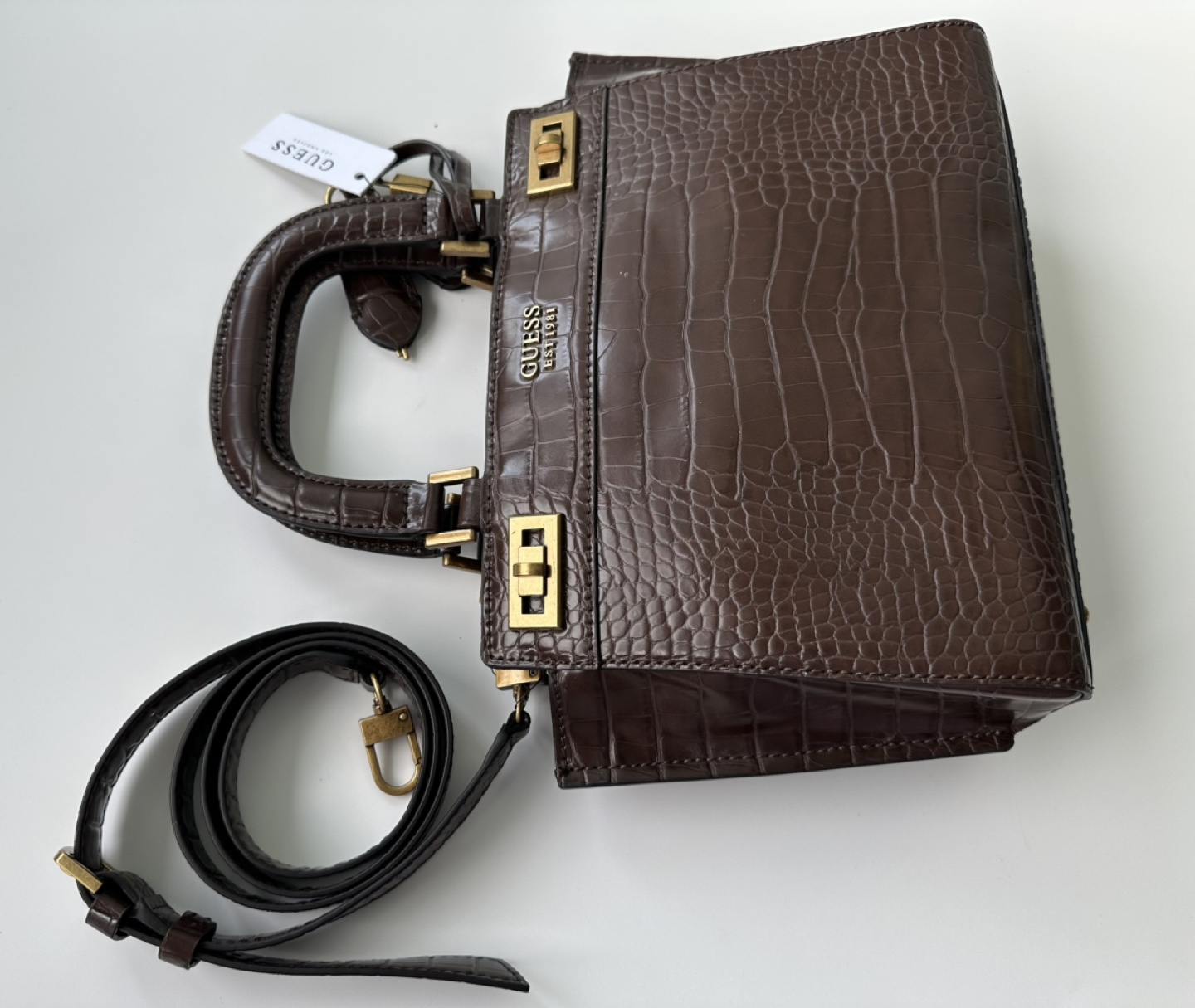 GUESS Satchel Handbag Brown Crocodile Embossed Leather - photo 4