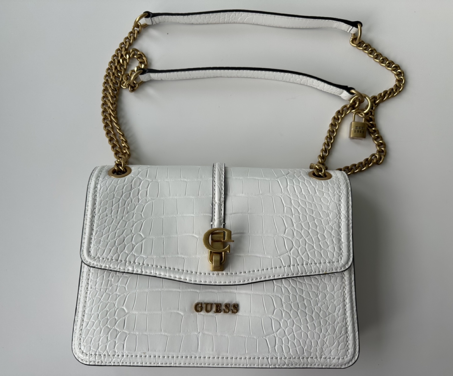 White Guess Crocodile-Embossed Shoulder Bag