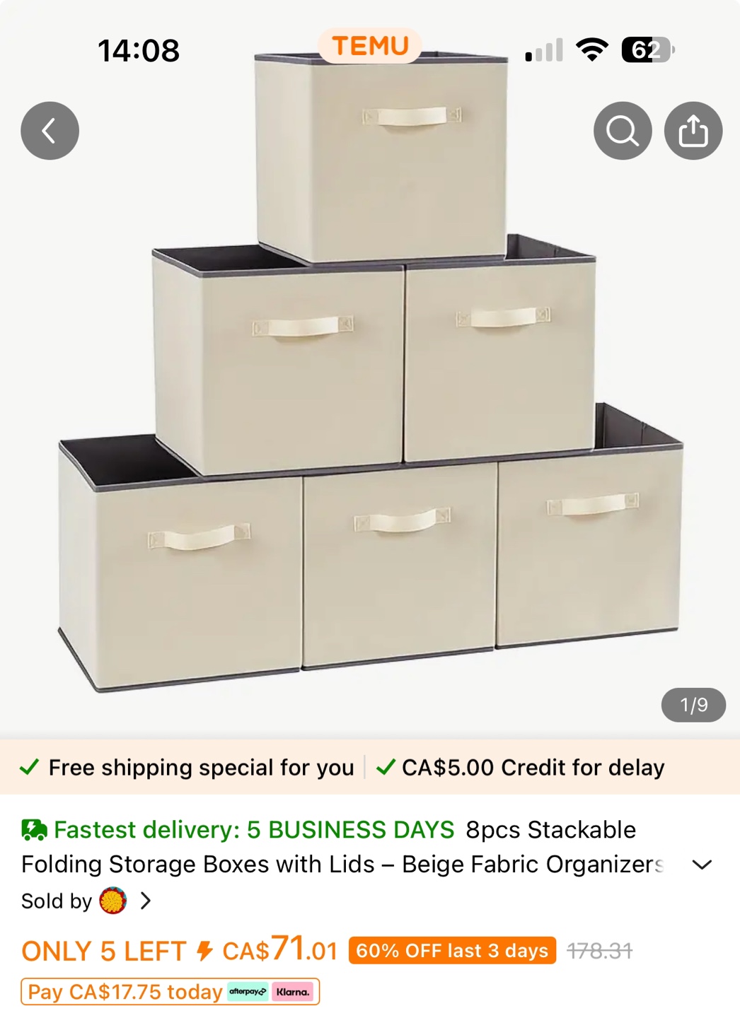 6 Pack Stackable Folding Storage Boxes with Lids - Beige