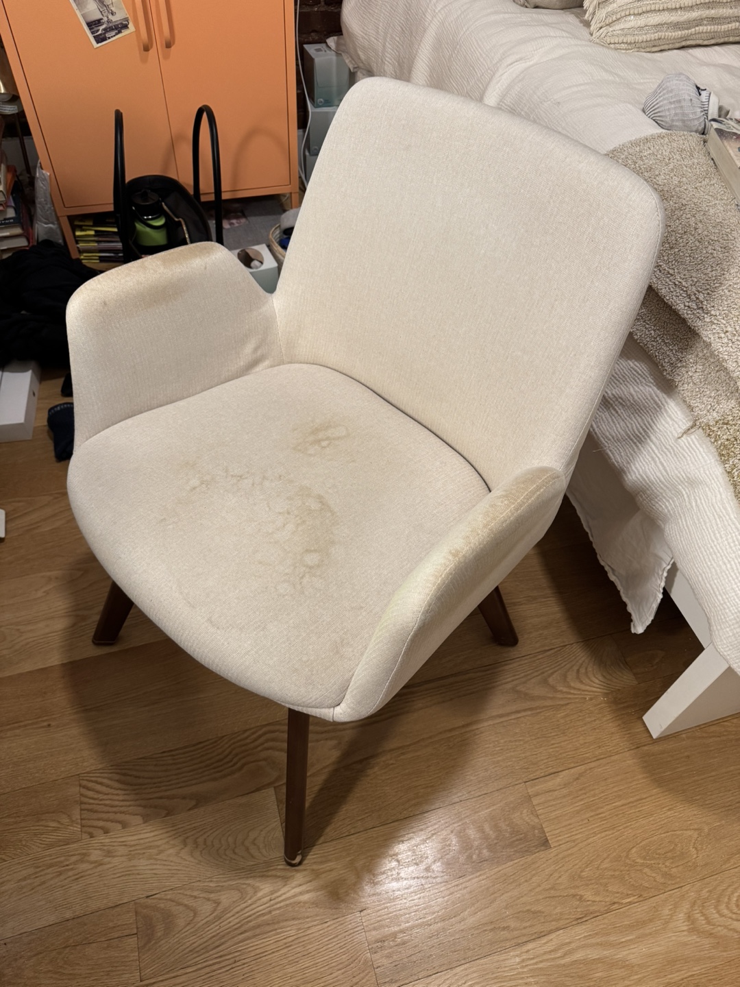 Mid-Century Modern Accent Chair, Beige Fabric, Dark Wood Legs