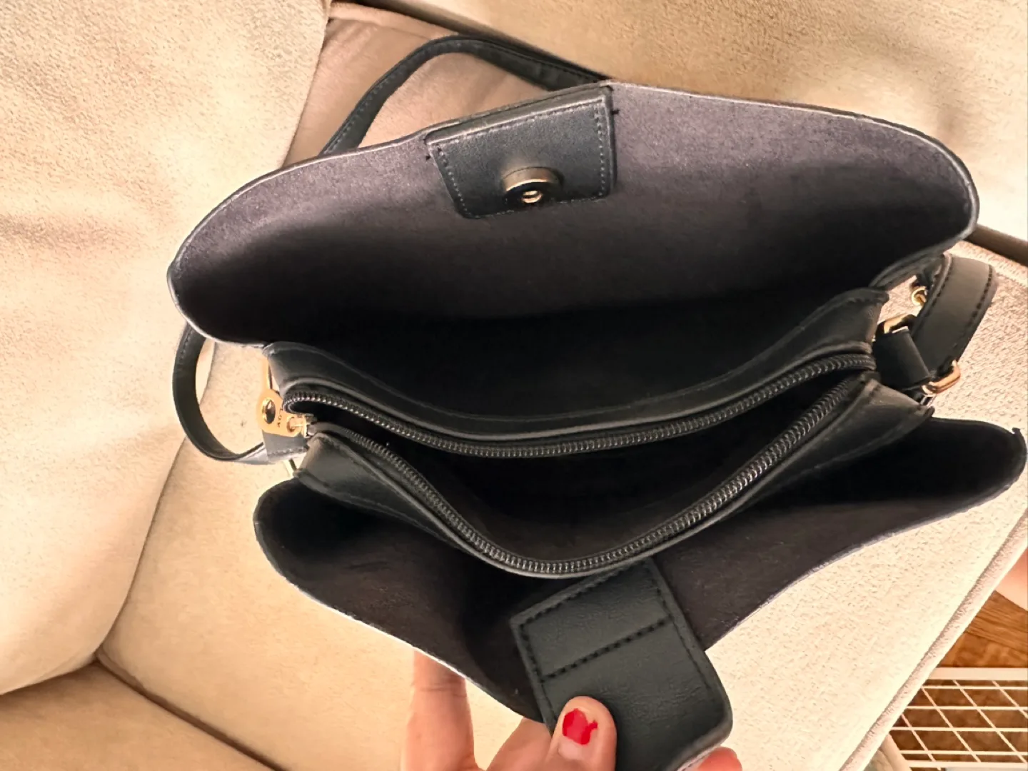 Black Faux Leather Crossbody Bag with Gold Ring Detail image indicator(3)