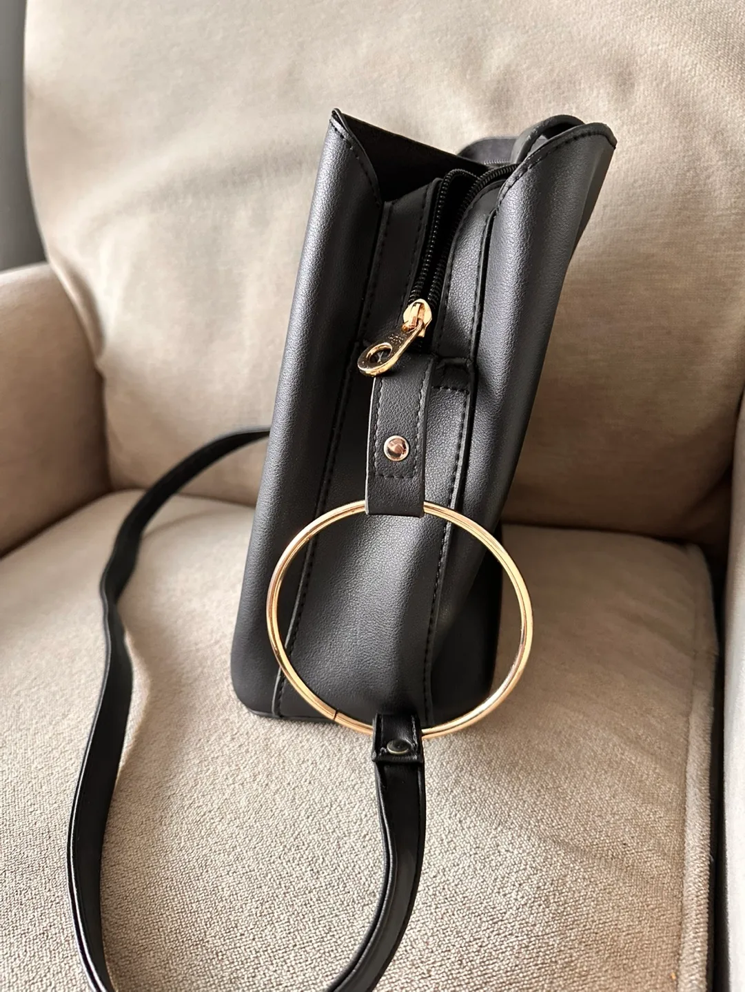 Black Faux Leather Crossbody Bag with Gold Ring Detail image indicator(4)