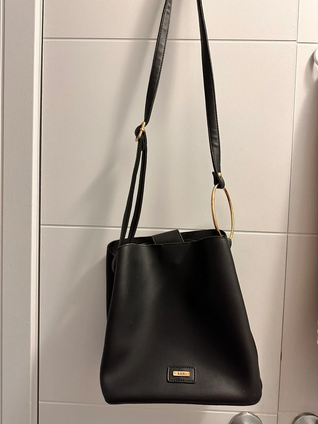 Black Faux Leather Crossbody Bag with Gold Ring Detail thumbnail