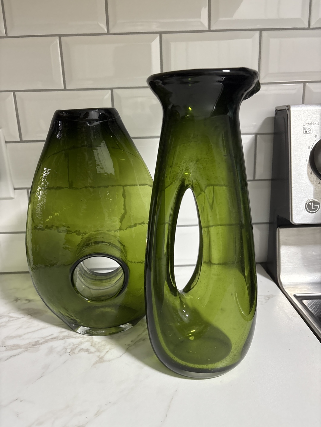 Mid-Century Modern Olive Green Glass Vases - Set of Two