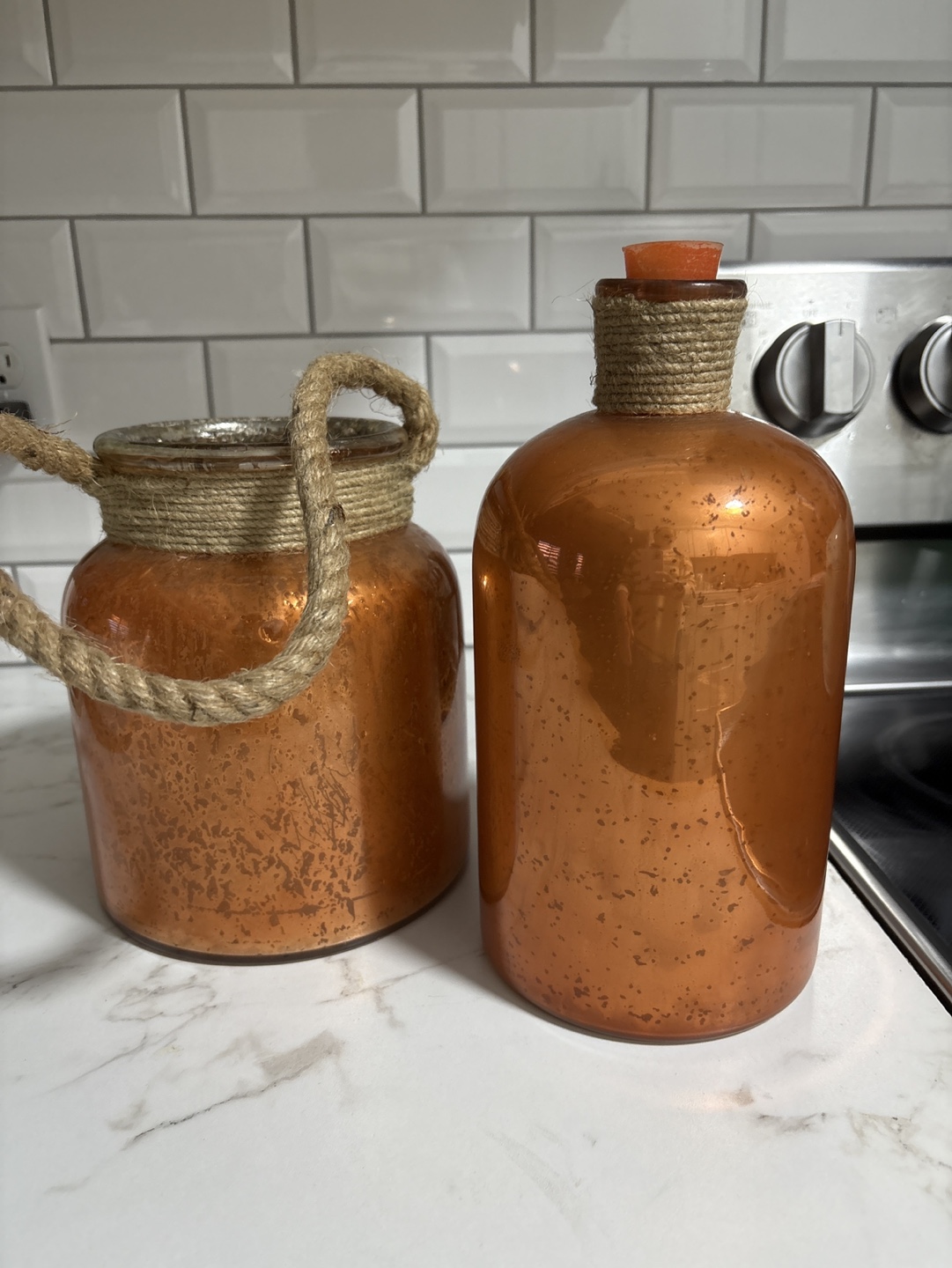 Set of Two Copper Glass Jars with Rope Accents