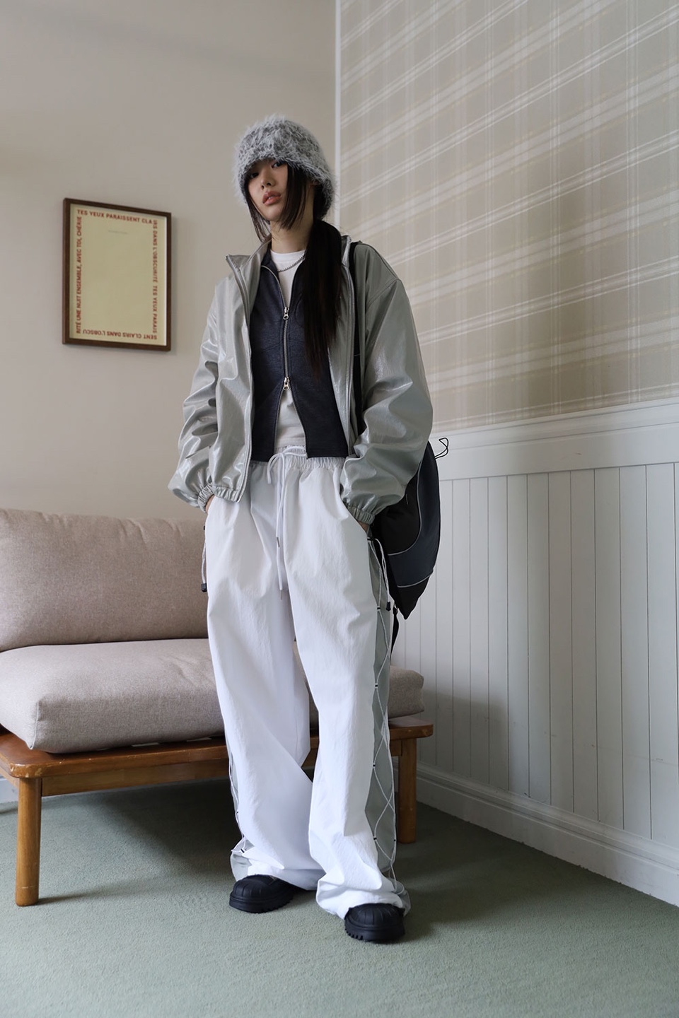KOREAN STREETWEAR Unique White & Grey Panelled Track Pants