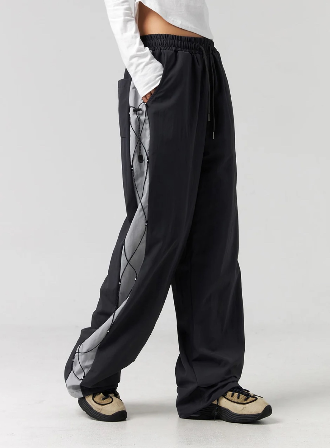 KOREAN STREETWEAR Unique Charcoal & Grey Panelled Track Pants - photo 2