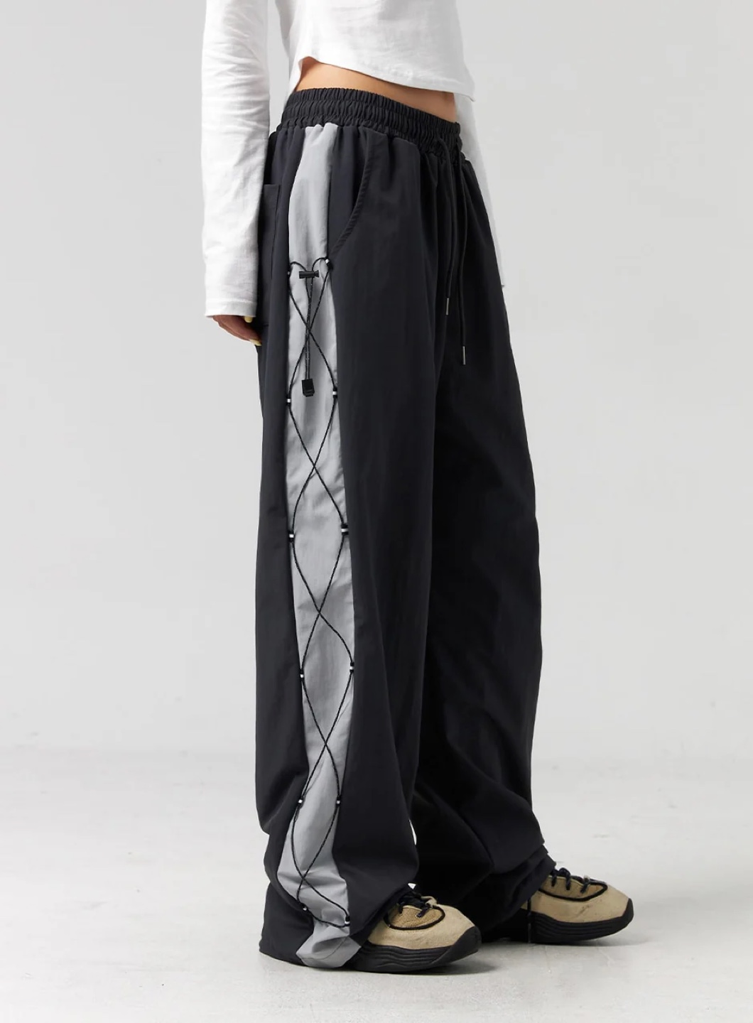 KOREAN STREETWEAR Unique Charcoal & Grey Panelled Track Pants