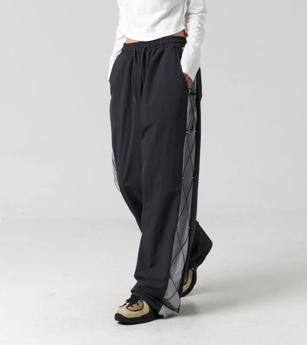 KOREAN STREETWEAR Unique Charcoal & Grey Panelled Track Pants - photo 3