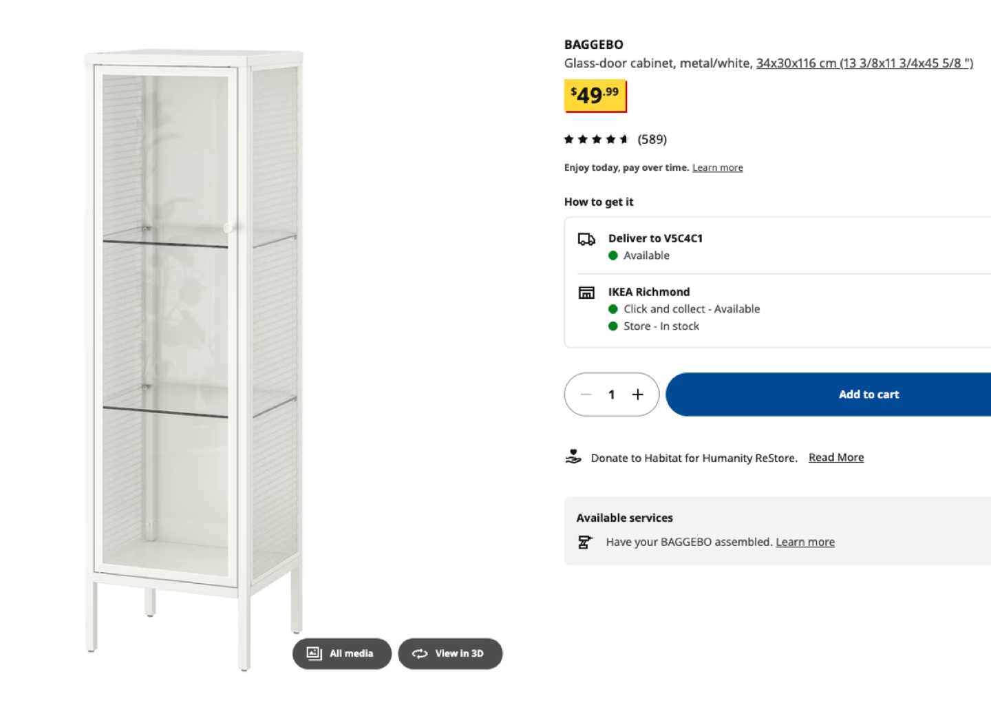 IKEA BAGGEBO Glass-Door Cabinet - White Metal