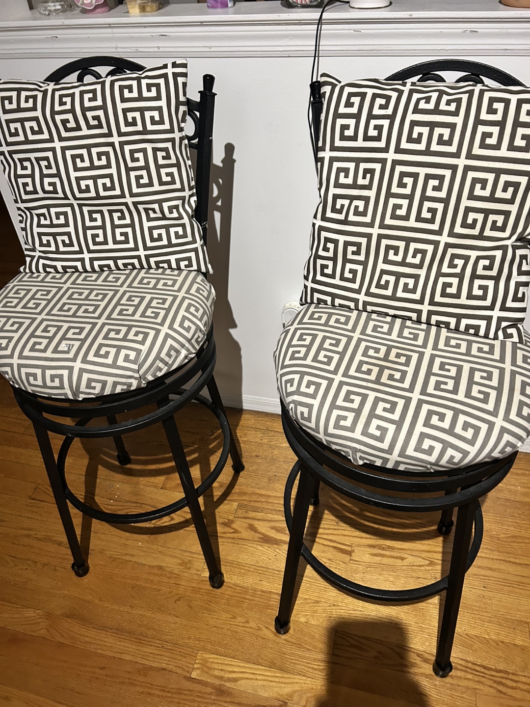 Pair of Black Metal Bar Stools with Greek Key Pattern Cushions - photo 2