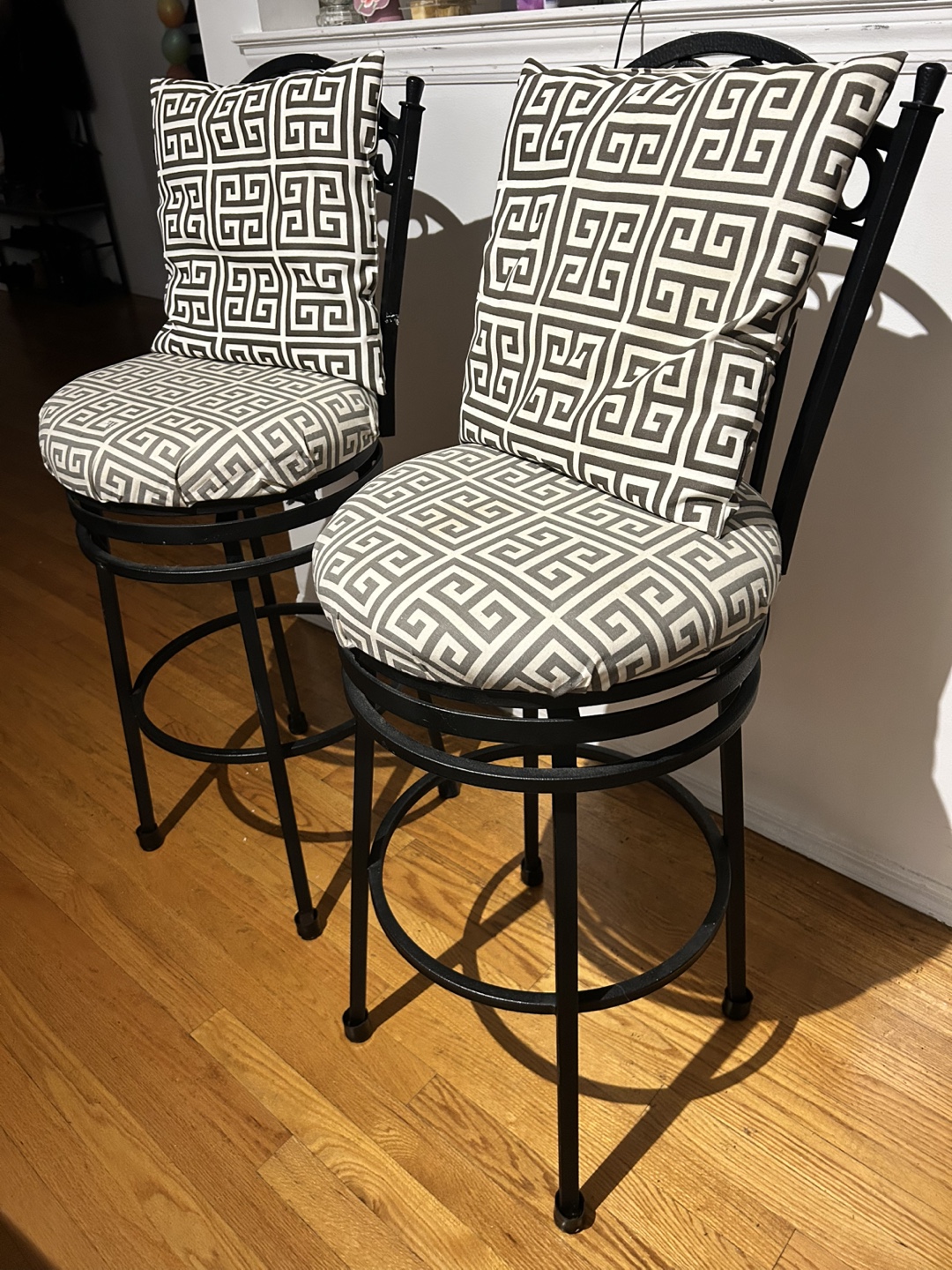 Pair of Black Metal Bar Stools with Greek Key Pattern Cushions - photo 3