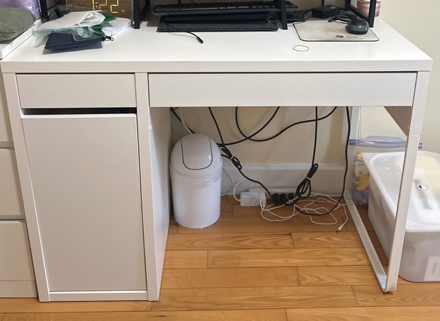 White IKEA Desk with Drawer and Cabinet