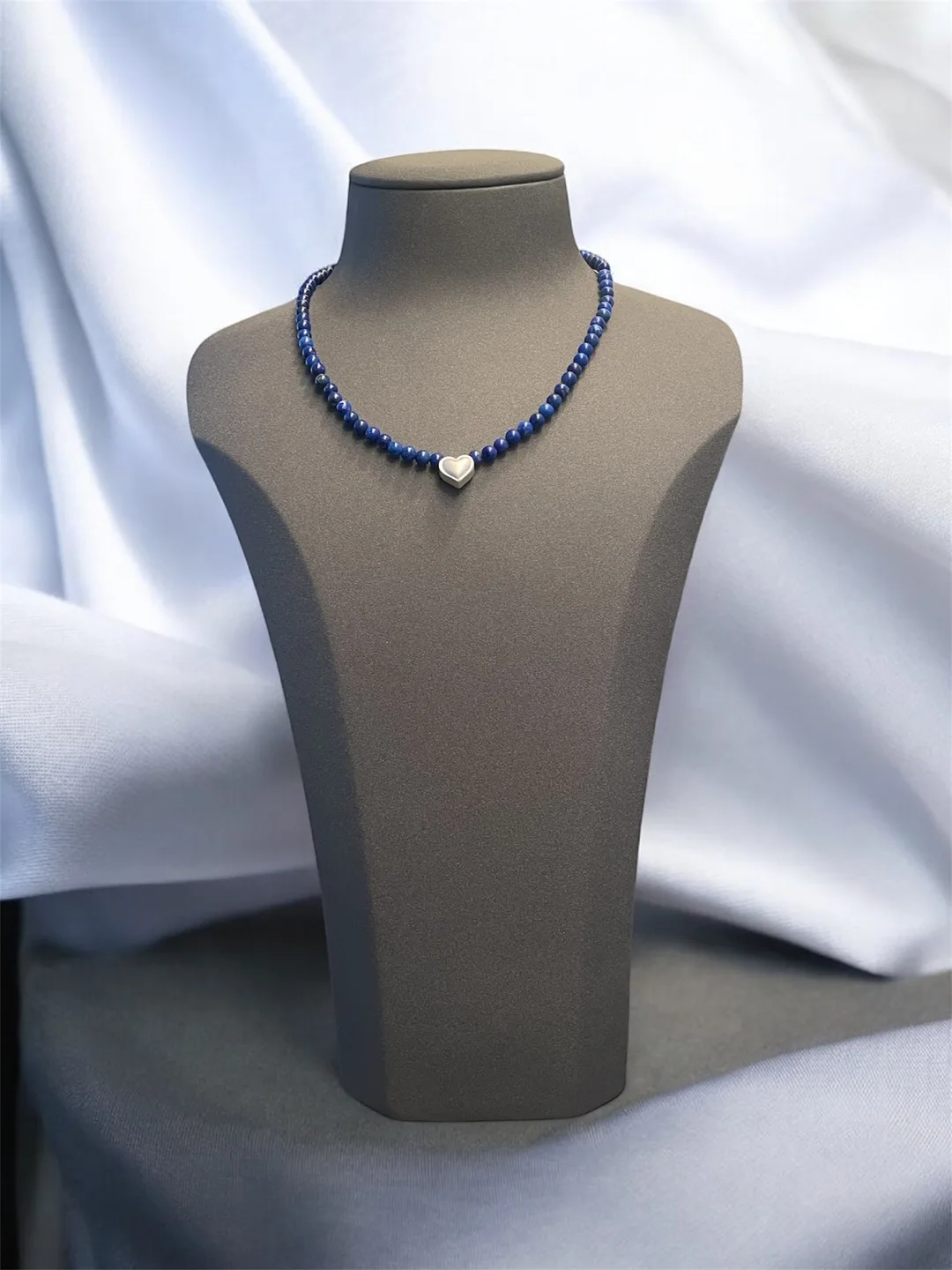 Lapis Lazuli Beaded Necklace with Sterling Silver Heart Charm thumbnail