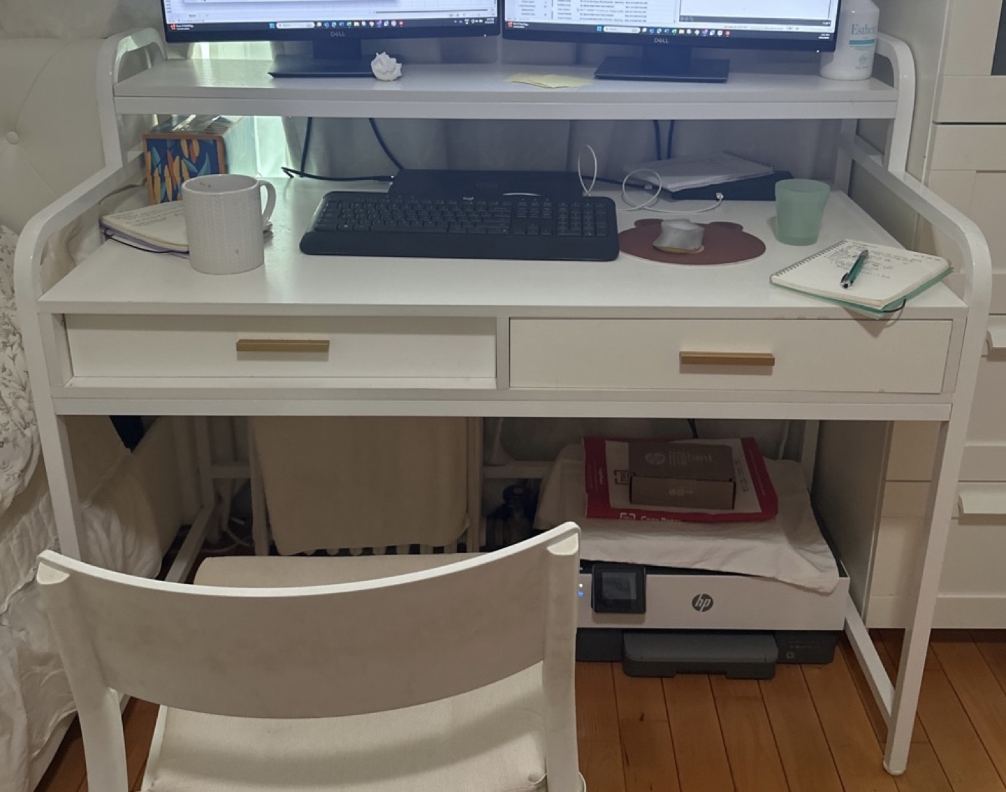 White Computer Desk with Two Drawers and Built in shelf