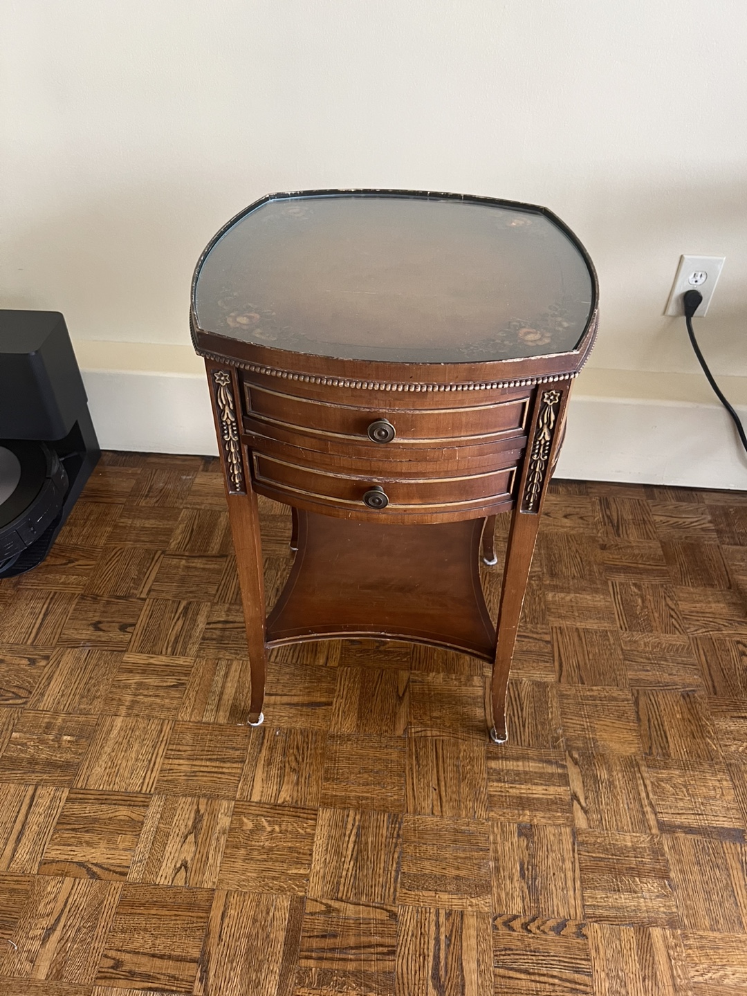 Antique Wooden End Table with Glass Top
