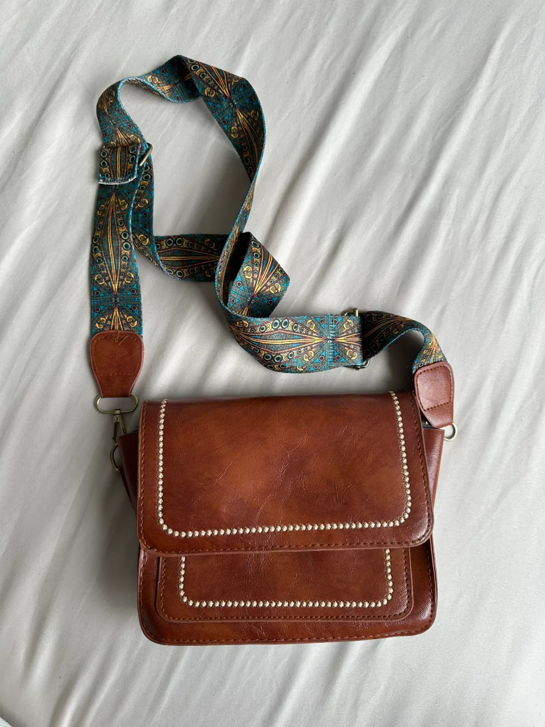 Brown faux Leather Crossbody Bag with Patterned Strap thumbnail