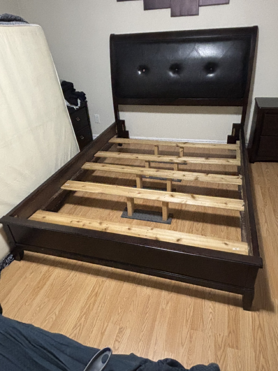 Queen Bed Frame, Dark Brown Faux Leather Headboard