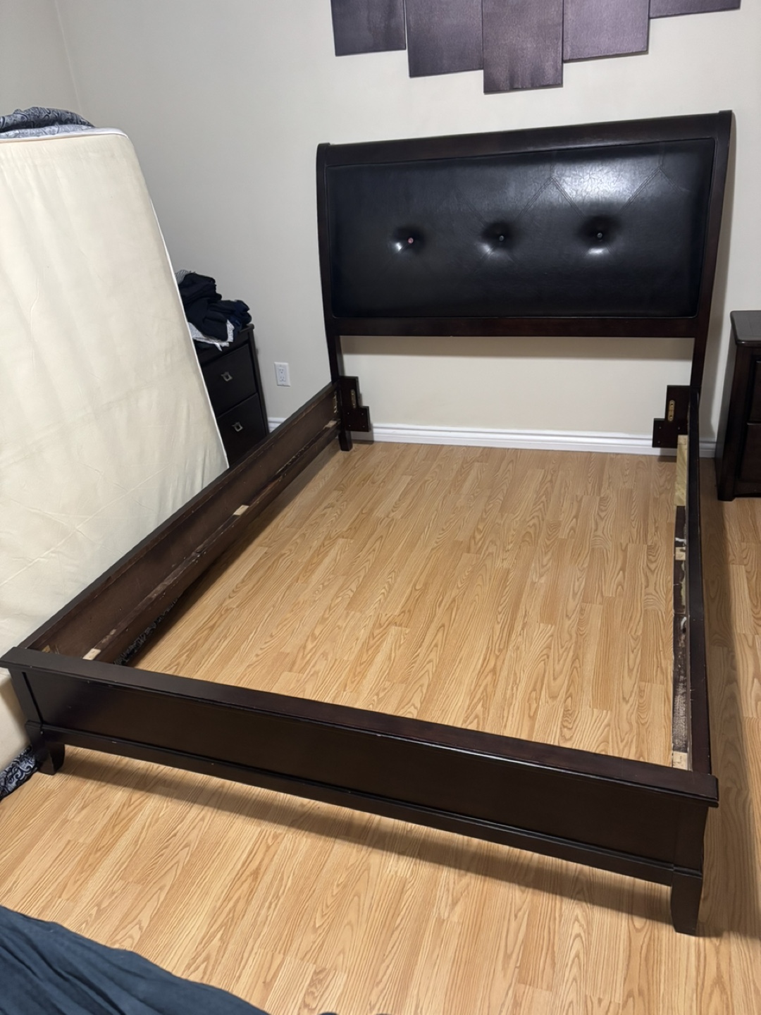 Queen Bed Frame, Dark Brown Faux Leather Headboard - photo 3