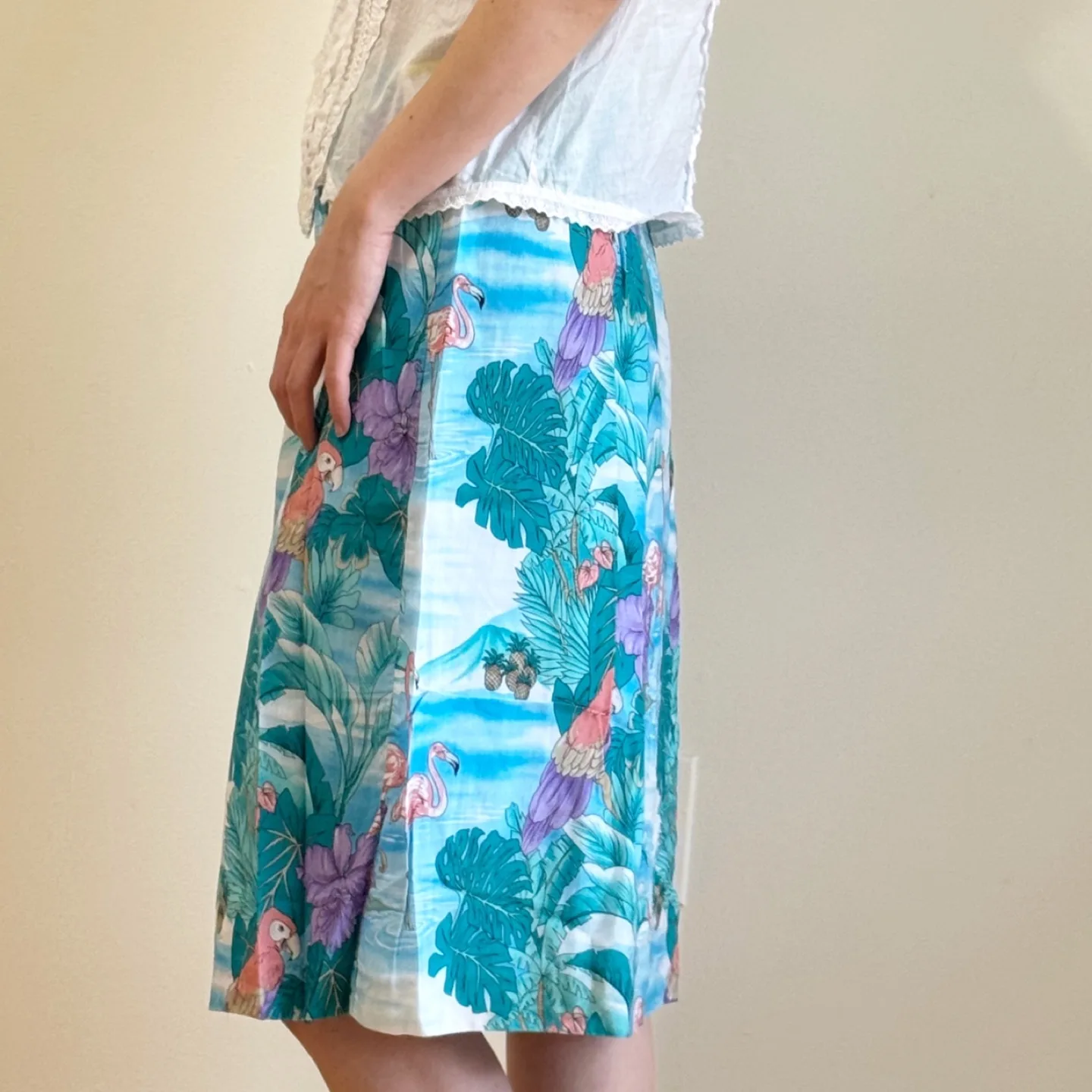 Vintage 100% Rayon Tropical Flamingo Print Skirt image indicator(2)