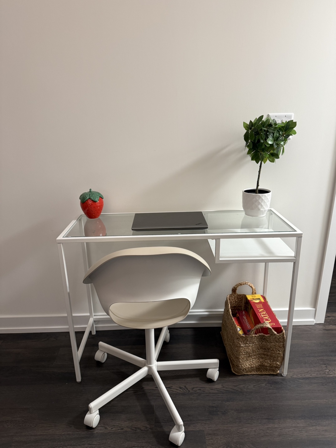 White Desk with Glass Top and Rolling Chair