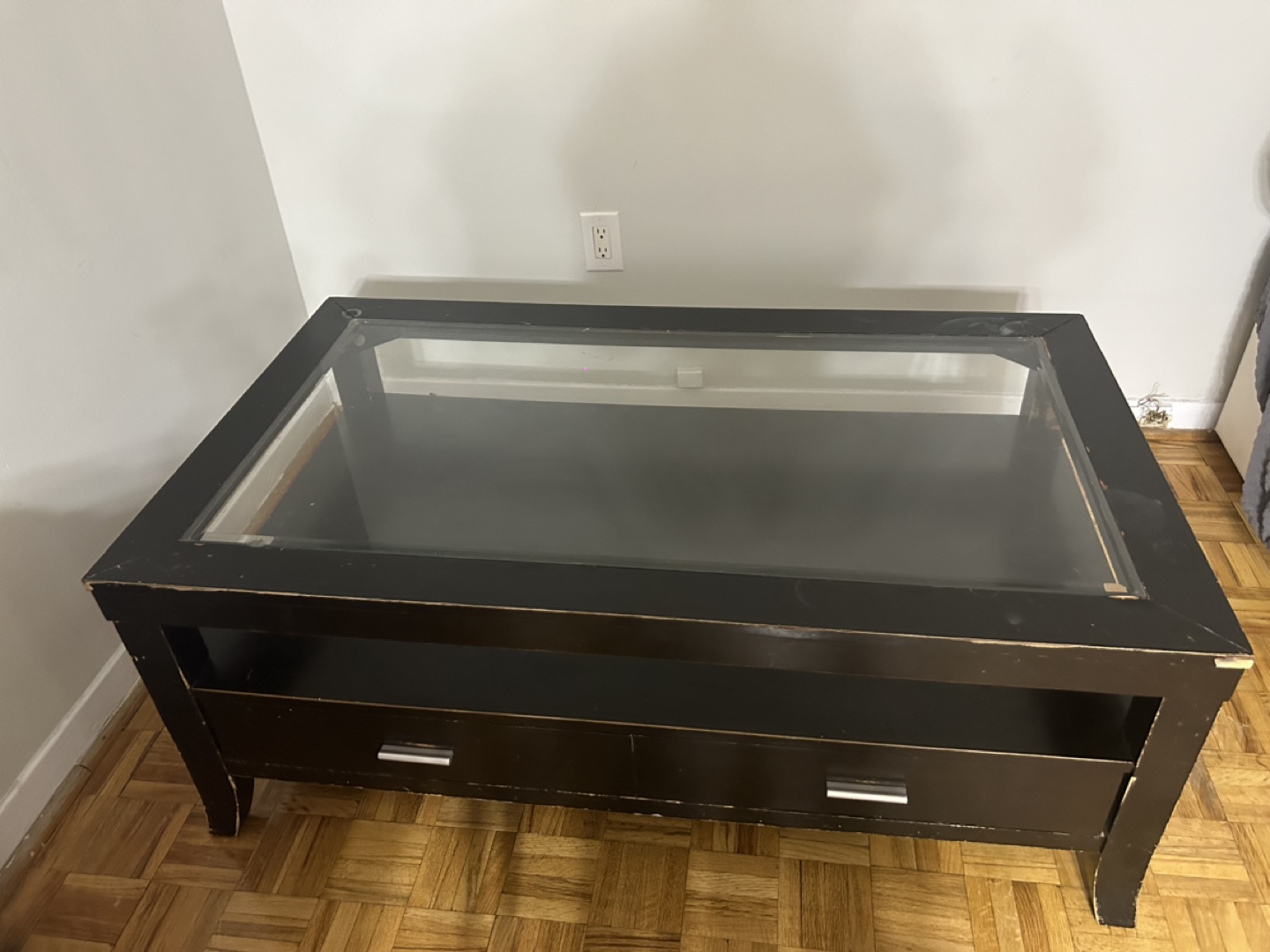 Black Coffee Table with Glass Top and Drawer