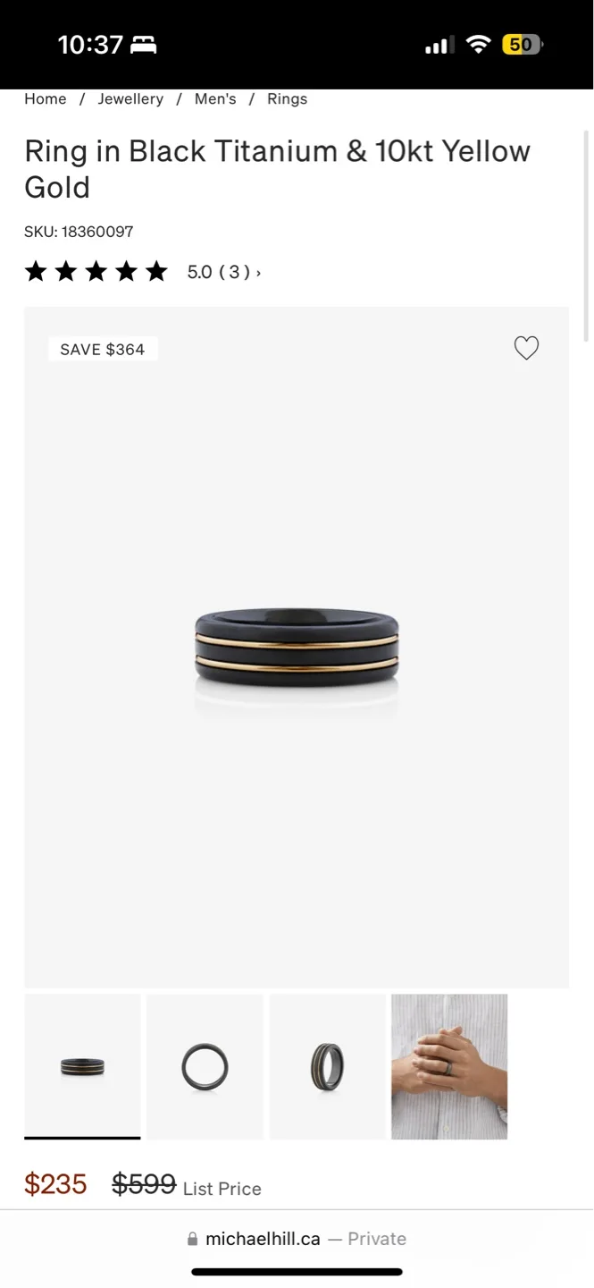 Michael Hill Black Titanium & 10k Yellow Gold Ring Size 9 image indicator(6)