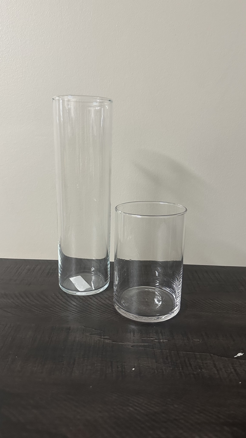 2 for 7$. Set of Two Clear Glass Cylindrical Vases.