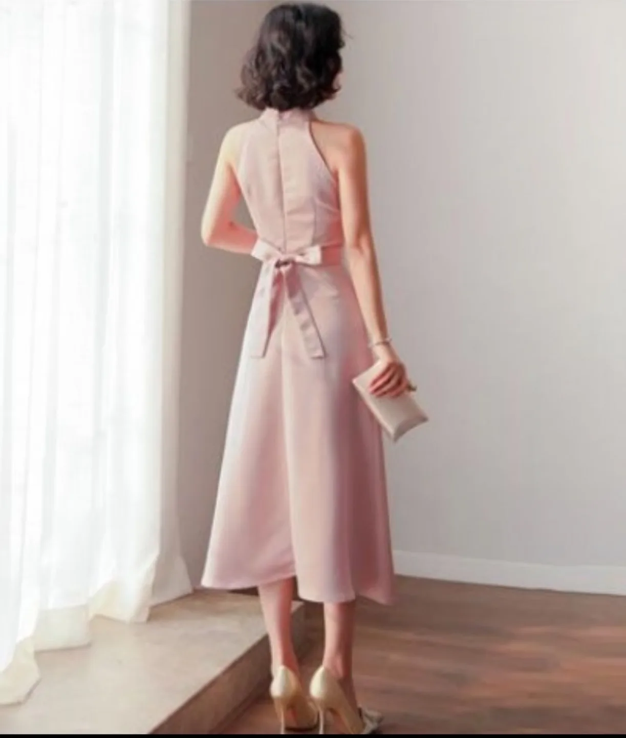 Pink Halter Midi A-line Party Dress image indicator(3)