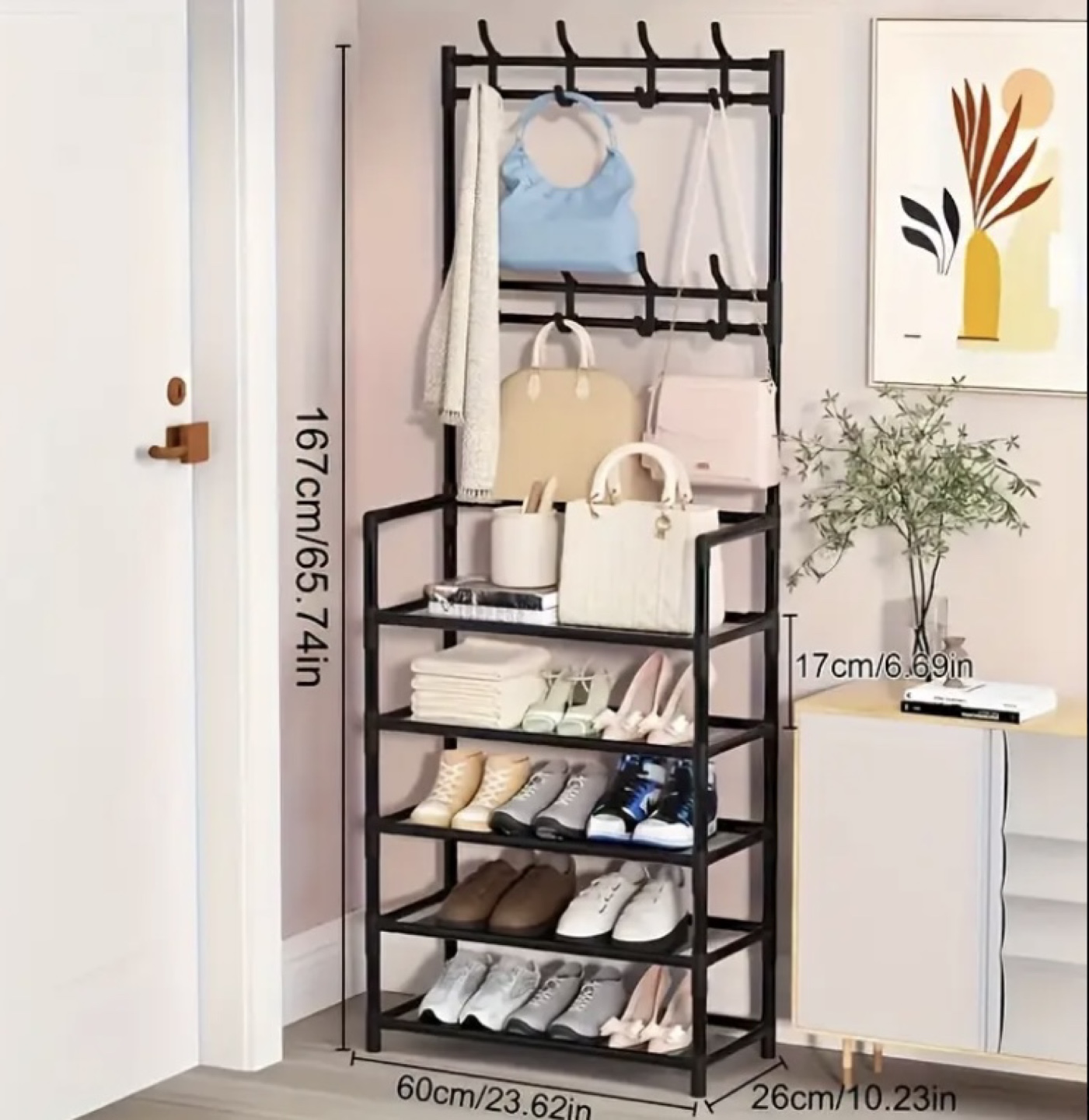 Black Metal Shoe Rack with Coat Hooks New in the box - photo 2