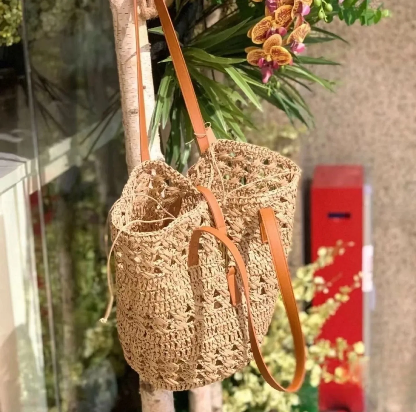 Designer Inspired Straw Crochet Tote Bag with Leather Handles image indicator(2)